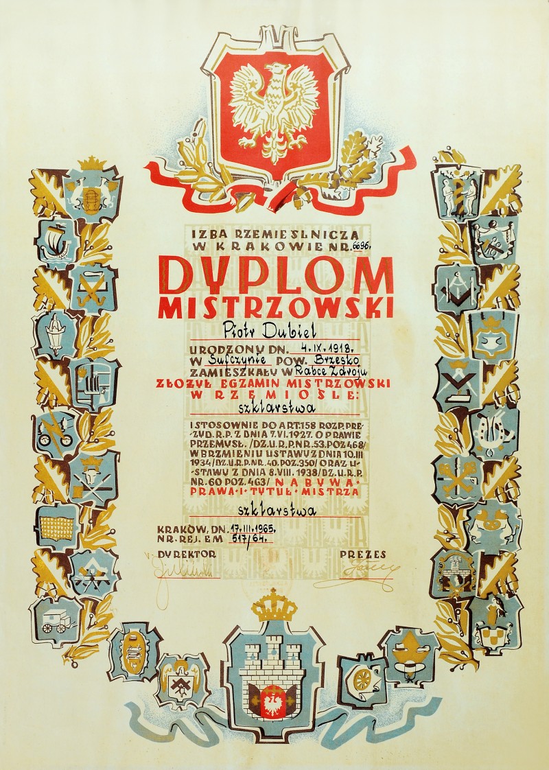 Master craftsman diploma of Piotr Dubiel - 1965